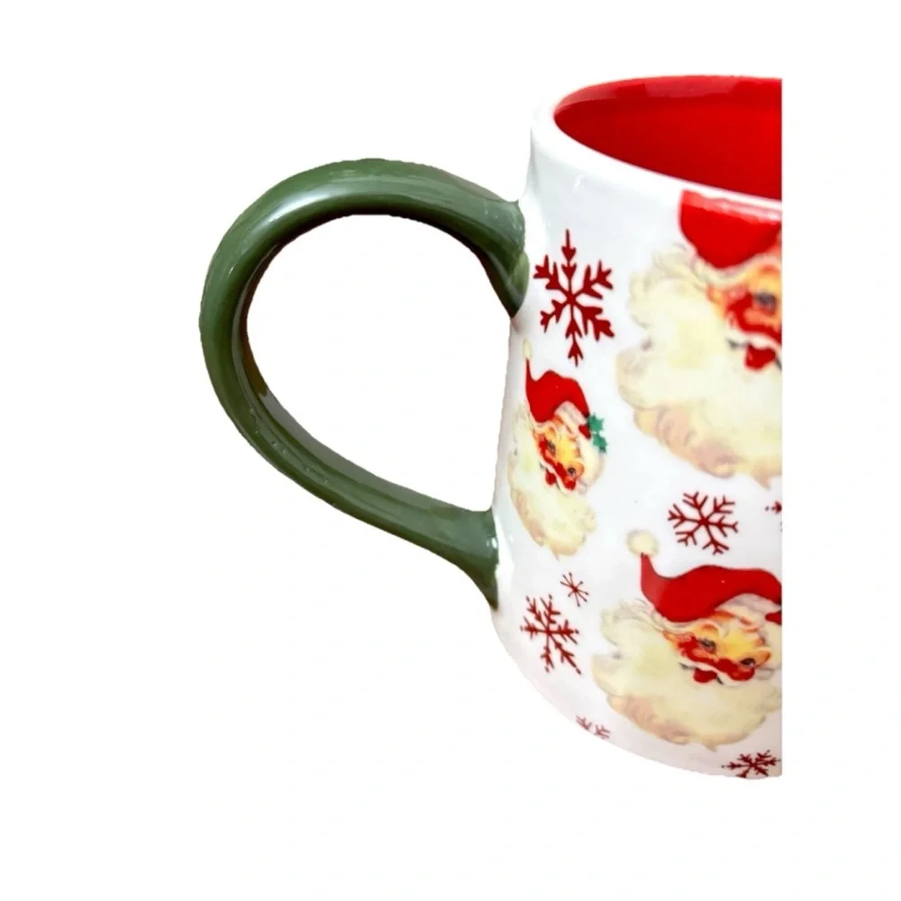 RETRO ROSY CHEEKED SANTA CLAUS MUG VINTAGE STYLE RED INTERIOR GREEN HANDLE 16.7